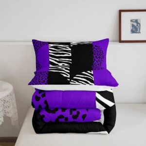 Castle Fairy,Leopard Zebra Print Comter Set Full Size Wild Animals Fur Patchwork Heart Bedding Set 3pcs Kids Girls Women Room Decor Purple Black Stripes Quilt Set Romantic Duvet Insert,2 Pillowcases