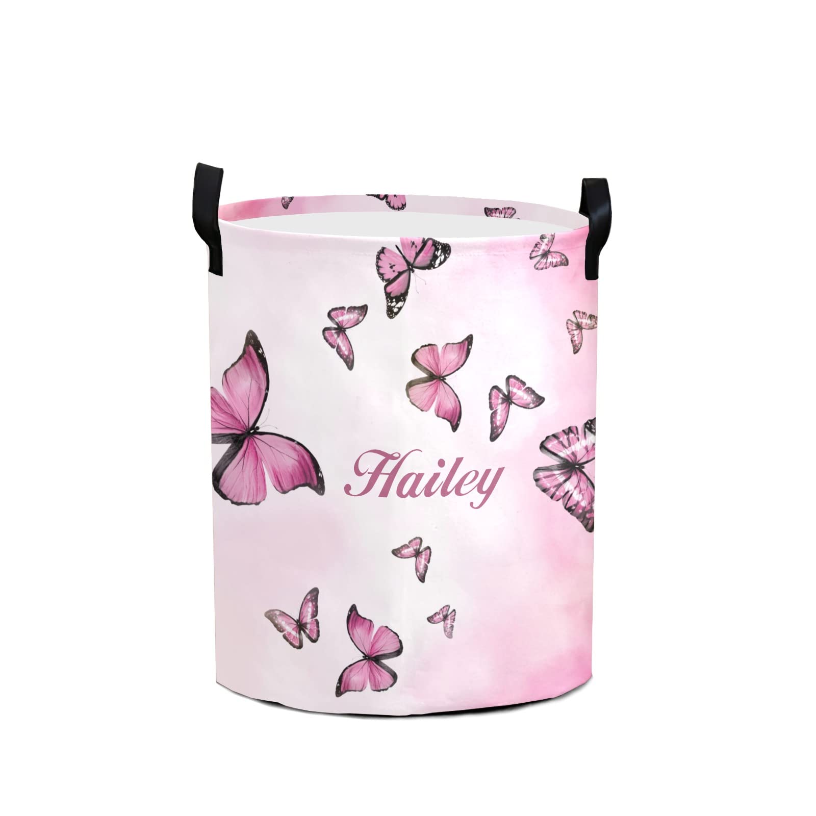 Pink Butterflies Personalized Waterproof Foldable Laundry Basket Bag with Handle, Custom Collapsible Clothes Hamper Storage Bin for Toys Laundry Dorm Travel Bathroom