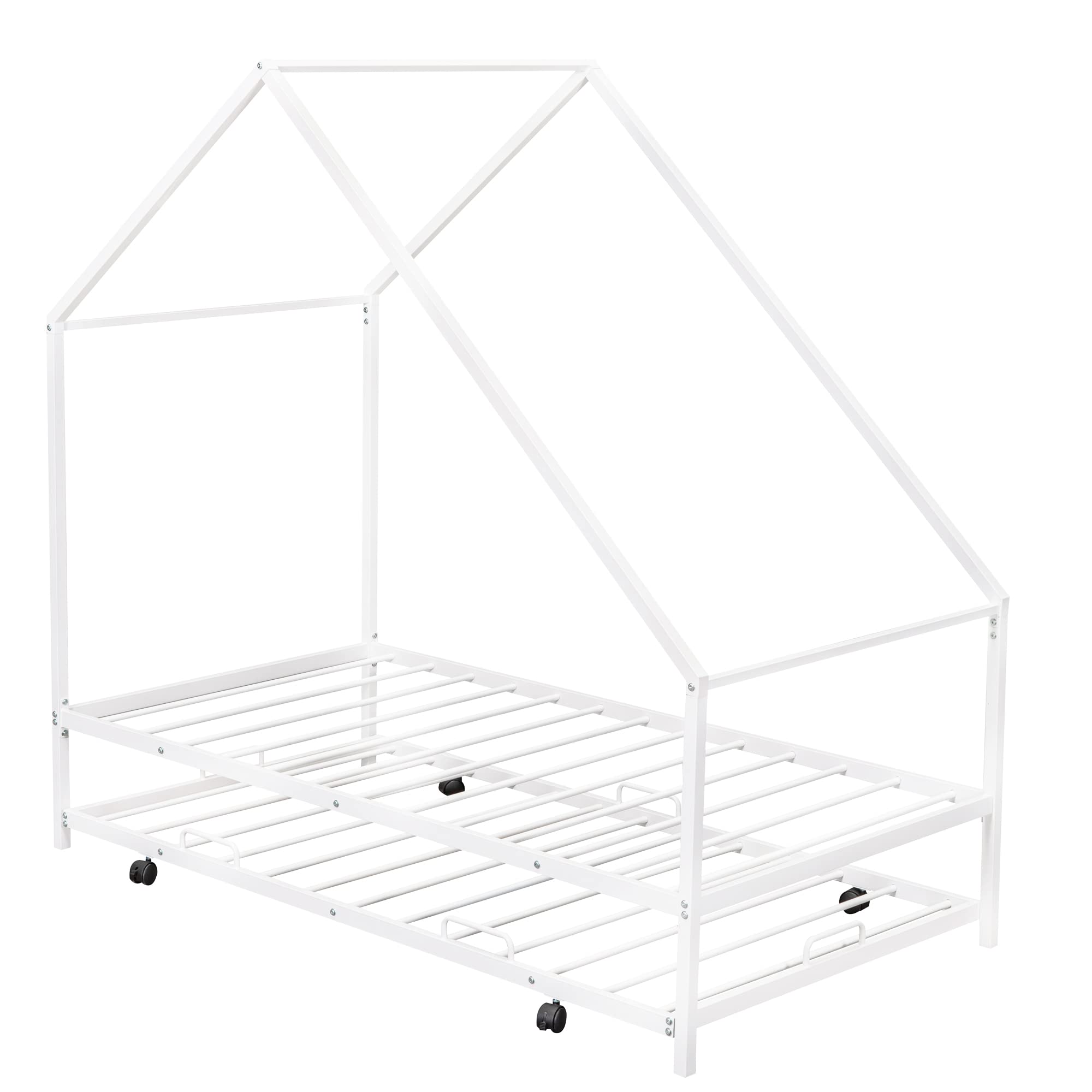 Metal House Bed with Trundle, Montessori Bed Twin Size Platform Bed Frame with Roof, Tent Bed, Modern Style Heavy-Duty Steel Frame Playhouse Bed for Kids Teens Girls Boys (Twin, White)