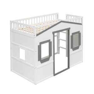 Harper & Bright Designs House Loft Bed Full Size Kids Playhouse Bed, Solid Wood Loft Bed Frame with Window and Ladder, for Girls Boys (Full Size, White+Gray)