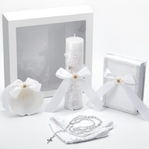 5 pcs white baptism candle set for boys girls included lady of guadalupe catholic candle baptismal devotional candle, baptism towel, rosary, bible, shell kit with pearls details for christenings favor