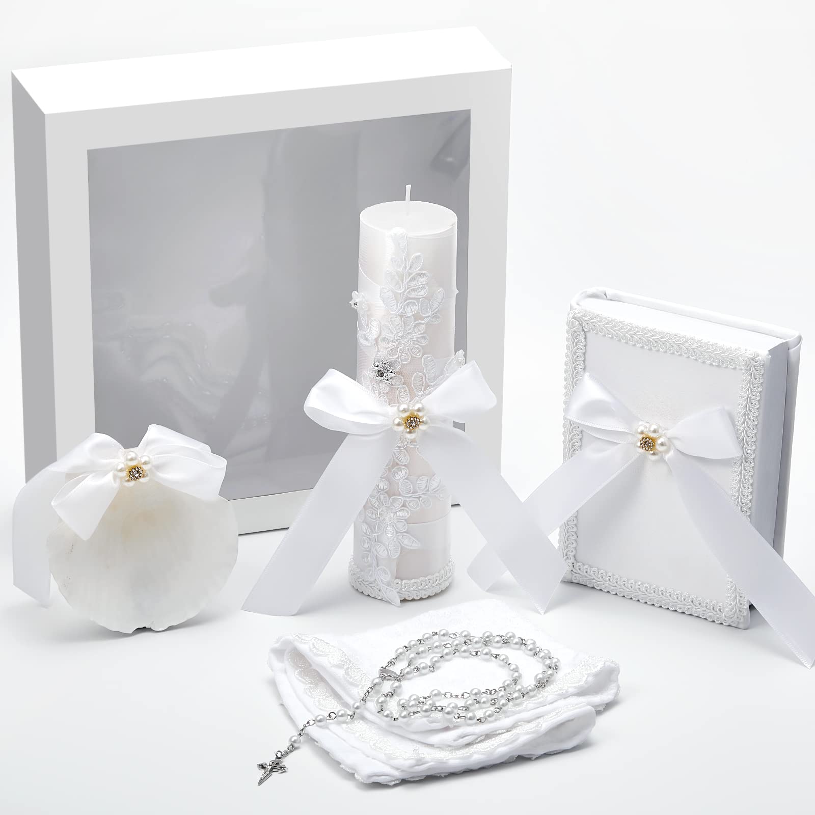 5 Pcs White Baptism Candle Set for Boys Girls Included Lady of Guadalupe Catholic Candle Baptismal Devotional Candle, Baptism Towel, Rosary, Bible, Shell Kit with Pearls Details for Christenings Favor