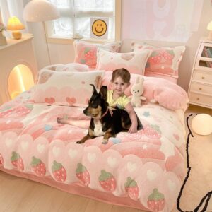 CinYana Pink Strawberry Duvet Cover Set Fluffy Kawaii Cartoon Comforter Cover Soft Kids Twin Size Bedding Set (Strawberry)