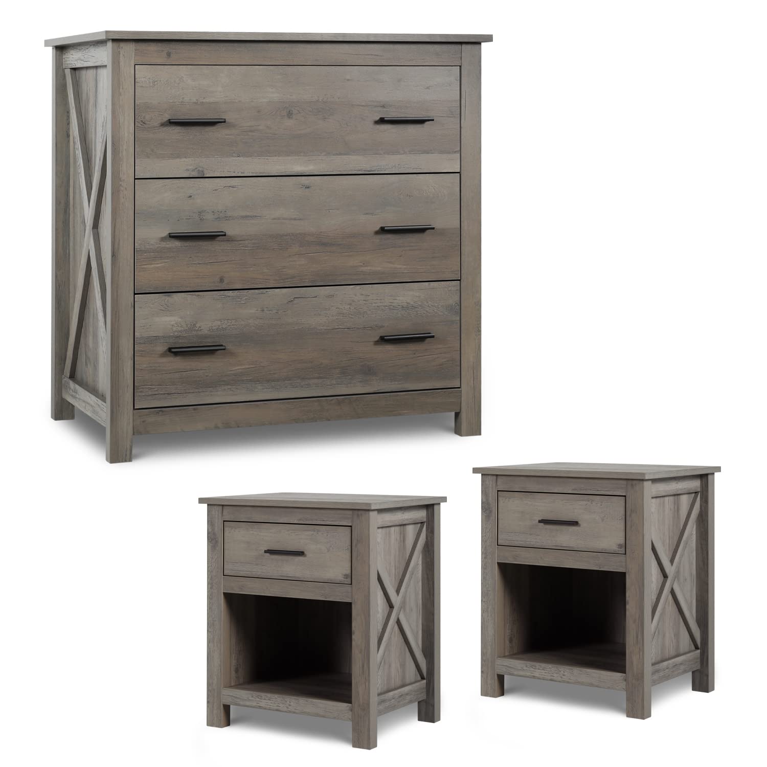 LTMEUTY Wooden Bedroom Set - 3 Pieces Dresser and Night Stands with Drawers, Bedroom Storage Chest of Drawers, Farmhouse Style Bedroom Furniture, Grey