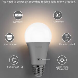 Rechargeable Light Bulbs LED Battery Backup Light Bulb with Remote Control Battery Operated Emergency Bulb Lamps for Home Power Outage and Camping Outdoor Activity Dimmable 7W 600LM Soft White