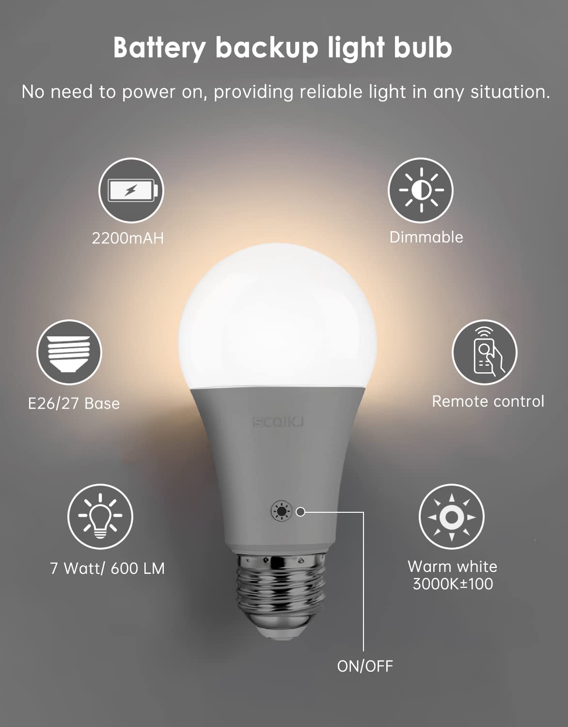 Rechargeable Light Bulbs LED Battery Backup Light Bulb with Remote Control Battery Operated Emergency Bulb Lamps for Home Power Outage and Camping Outdoor Activity Dimmable 7W 600LM Soft White