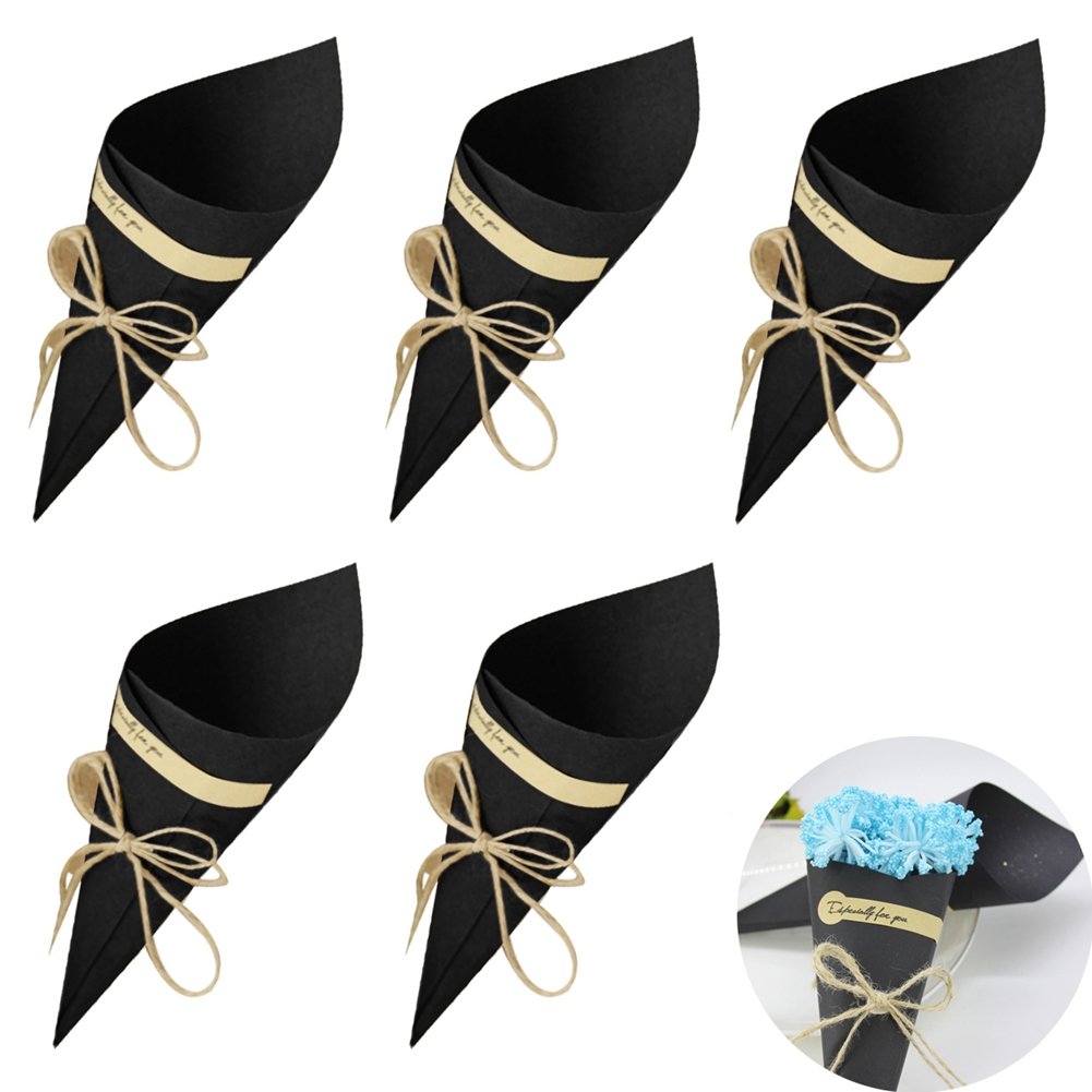 Sumshy 100 PCS Black Wedding Rice Cones Holder, DIY Kraft Paper Cones with Hemp Ropes & Sticker for Confetti Bouquet Wrapping Candy - Table Decor, Invitation Card for Communion Baptism