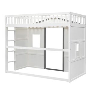 Harper & Bright Designs House Loft Bed Full Size Kids Playhouse Bed, Solid Wood Loft Bed Frame with Window and Ladder, for Girls Boys (Full Size, White+Gray)