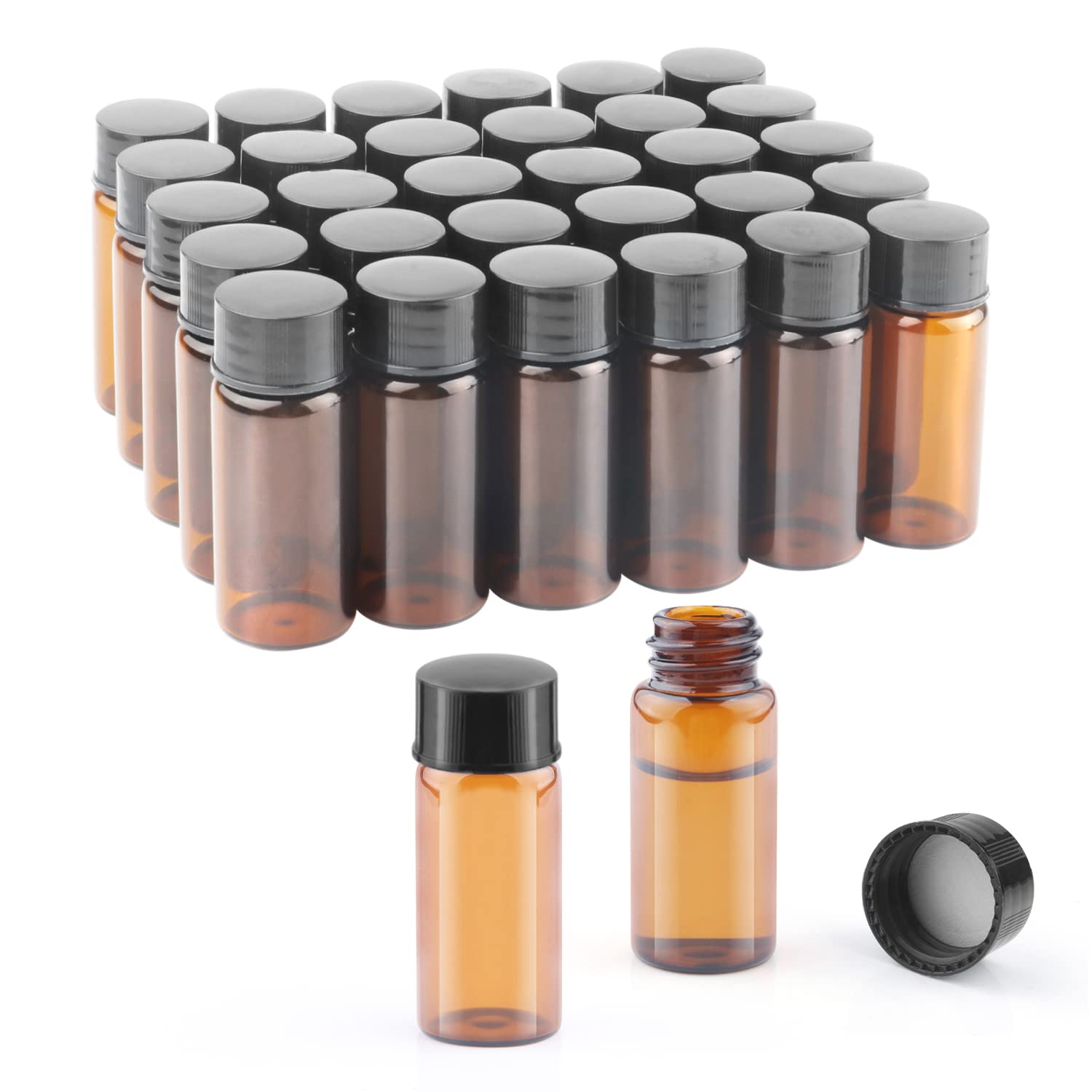 BOSMIOW 30 Pack 10ml(1/3 Oz) Amber Glass Sample Vials Empty Glass Bottles Liquid Sampling Lab Test Vials Travel Containers with Black Screwcap