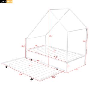 Metal House Bed with Trundle, Montessori Bed Twin Size Platform Bed Frame with Roof, Tent Bed, Modern Style Heavy-Duty Steel Frame Playhouse Bed for Kids Teens Girls Boys (Twin, White)