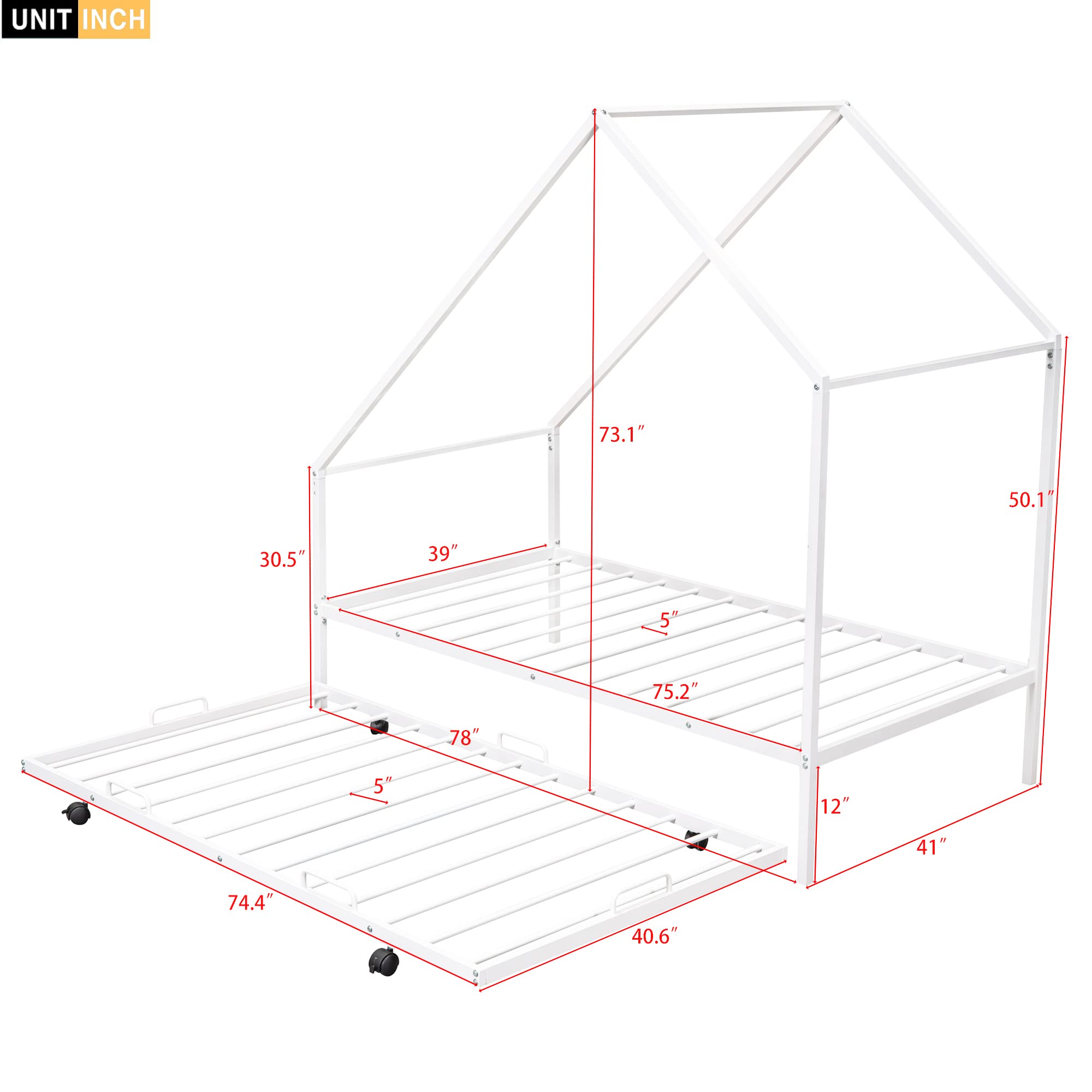 Metal House Bed with Trundle, Montessori Bed Twin Size Platform Bed Frame with Roof, Tent Bed, Modern Style Heavy-Duty Steel Frame Playhouse Bed for Kids Teens Girls Boys (Twin, White)