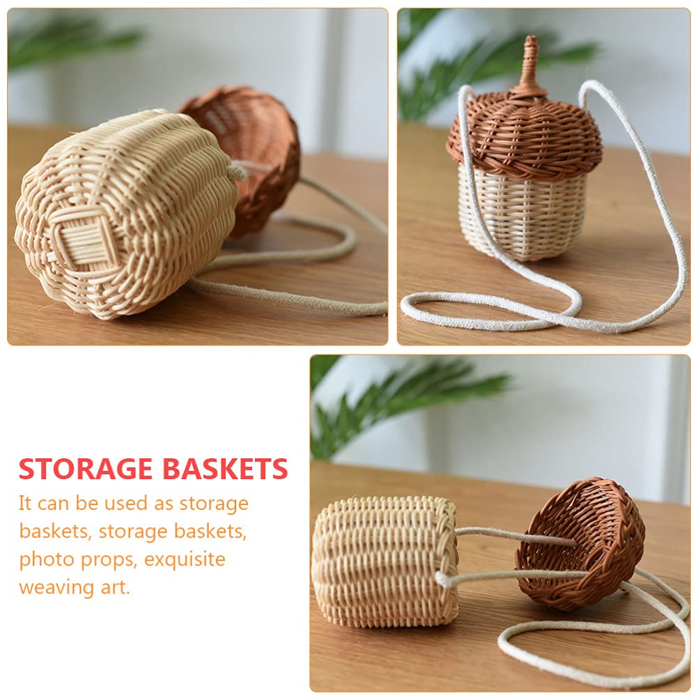 DOITOOL Hand Woven Rattan Basket Cute Acorn Shaped Basket Shoulder Basket Bag Kids Crossbody Bag Wall Hanging Basket Farmhouse Decoration