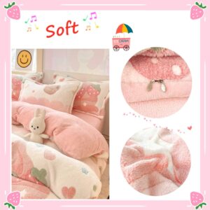 CinYana Pink Strawberry Duvet Cover Set Fluffy Kawaii Cartoon Comforter Cover Soft Kids Twin Size Bedding Set (Strawberry)