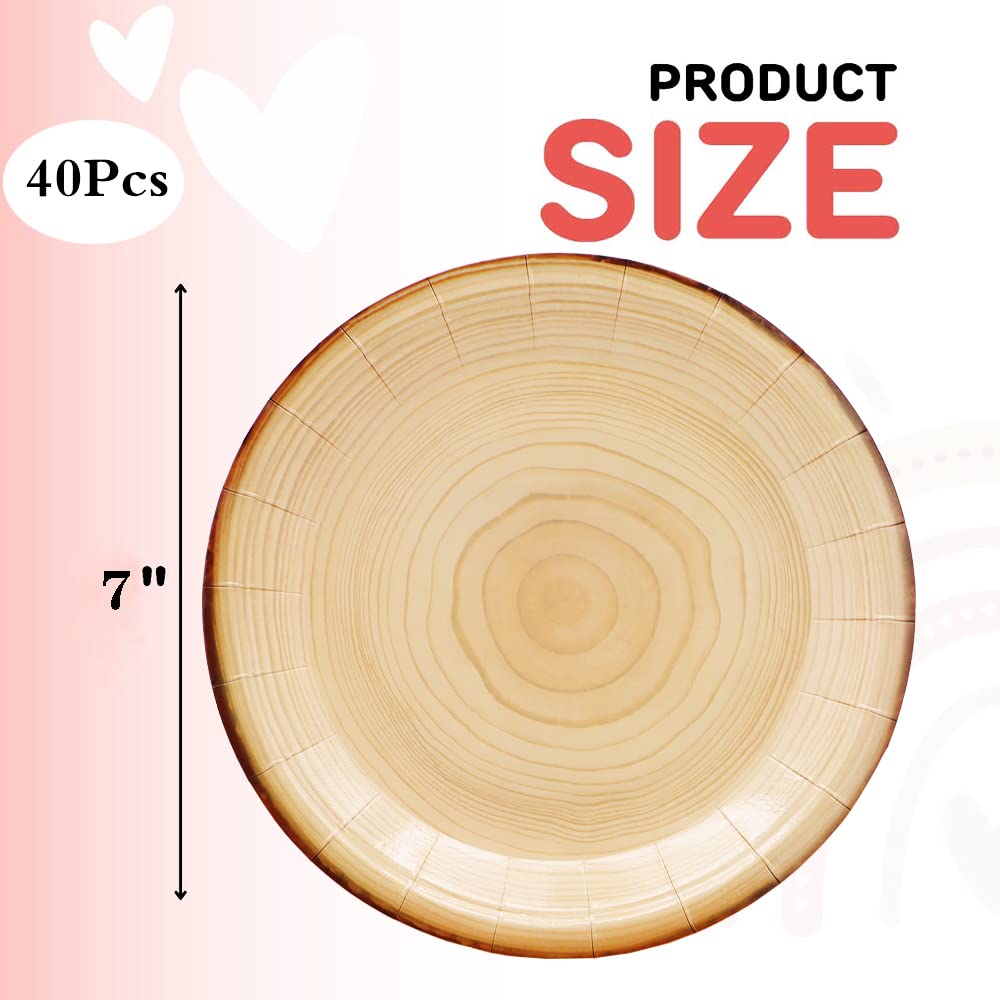 40Pcs Wood Grain Party Supplies Wood Grain Paper Plates 7" Rustic Wood Slice Dessert Plates Camp-Fire Party Supplies Camping Woodland Animal Baby Shower Lumberjack Theme Birthday Party Decorations