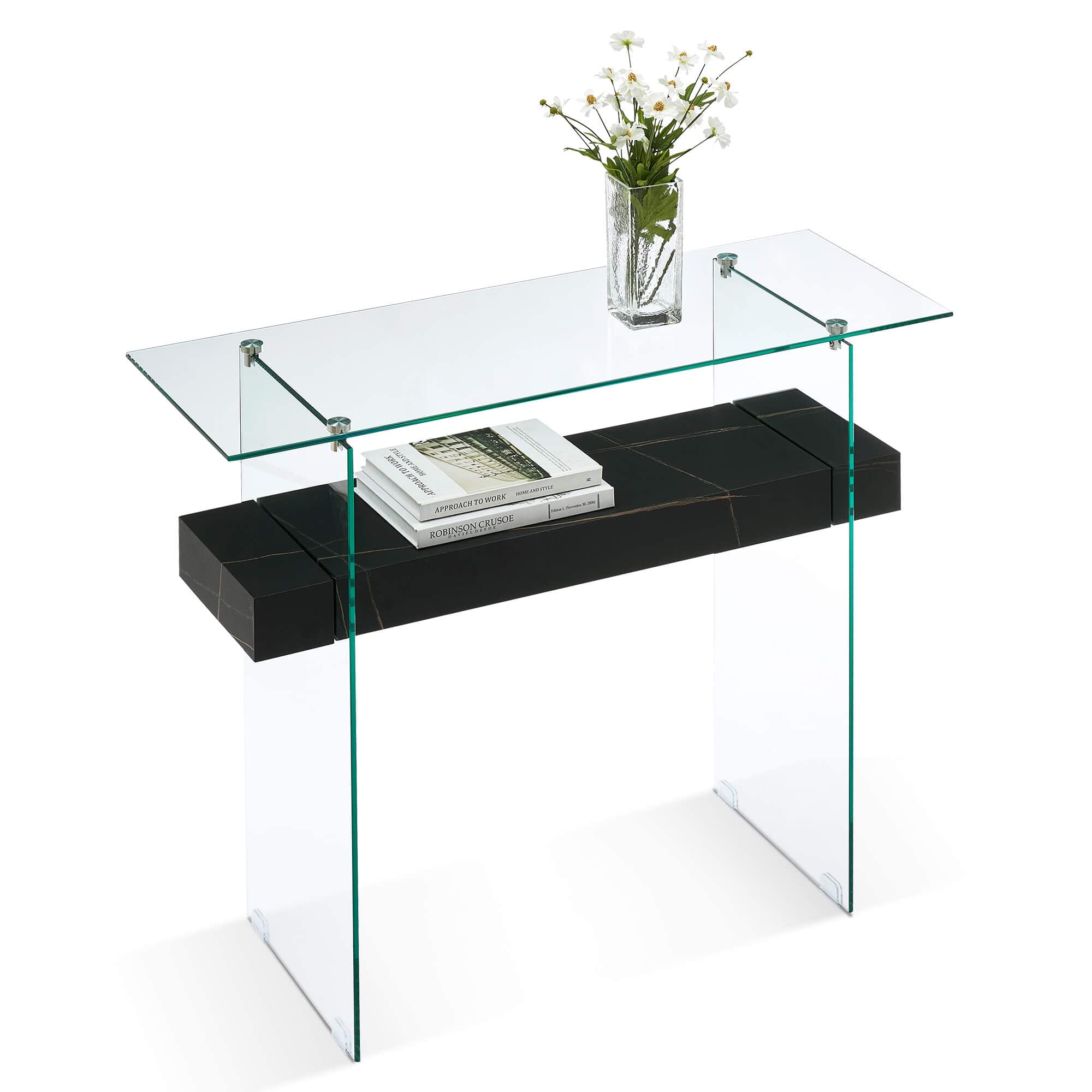 ivinta Glass Console Table with Storage, Small Black Faux Marble Entryway Table for Living Room, 39.4" Modern Sofa Table for Foyer, Hallway, Bedroom