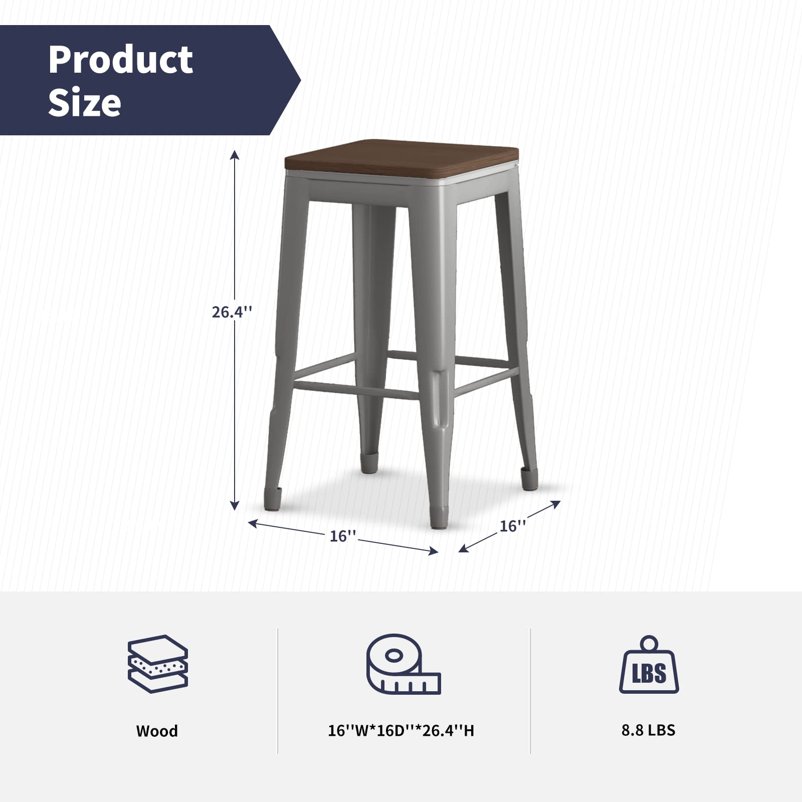 ZAFLY Metal Backless Bar Stool with Wood Seat Industrial Style Counter Height Barstool Indoor Outdoor Stackable Bar Chair, Set of 4, 330lbs Weight Capacity