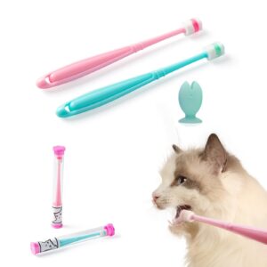 e.m&s.t by emmeliestella small dog & cat toothbrush 360 degree soft silicone, cat dental care, toothbrush holder, easy to handle, independent packaging, extra suction cup, light blue&light pink 3pcs