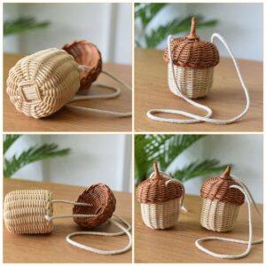 DOITOOL Hand Woven Rattan Basket Cute Acorn Shaped Basket Shoulder Basket Bag Kids Crossbody Bag Wall Hanging Basket Farmhouse Decoration