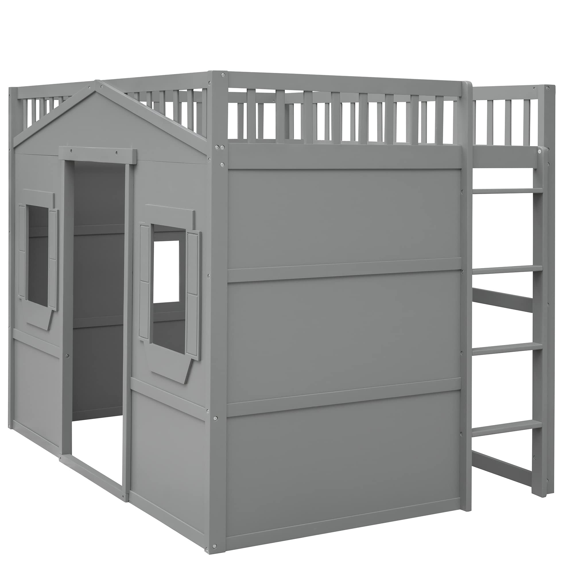 Harper & Bright Designs Full Size House Loft Bed for Kids, Wood Full Loft Bed with Door and Windows House Design, Playhouse Bed Full with Underbed Space for Girls Boys Bedroom, Grey