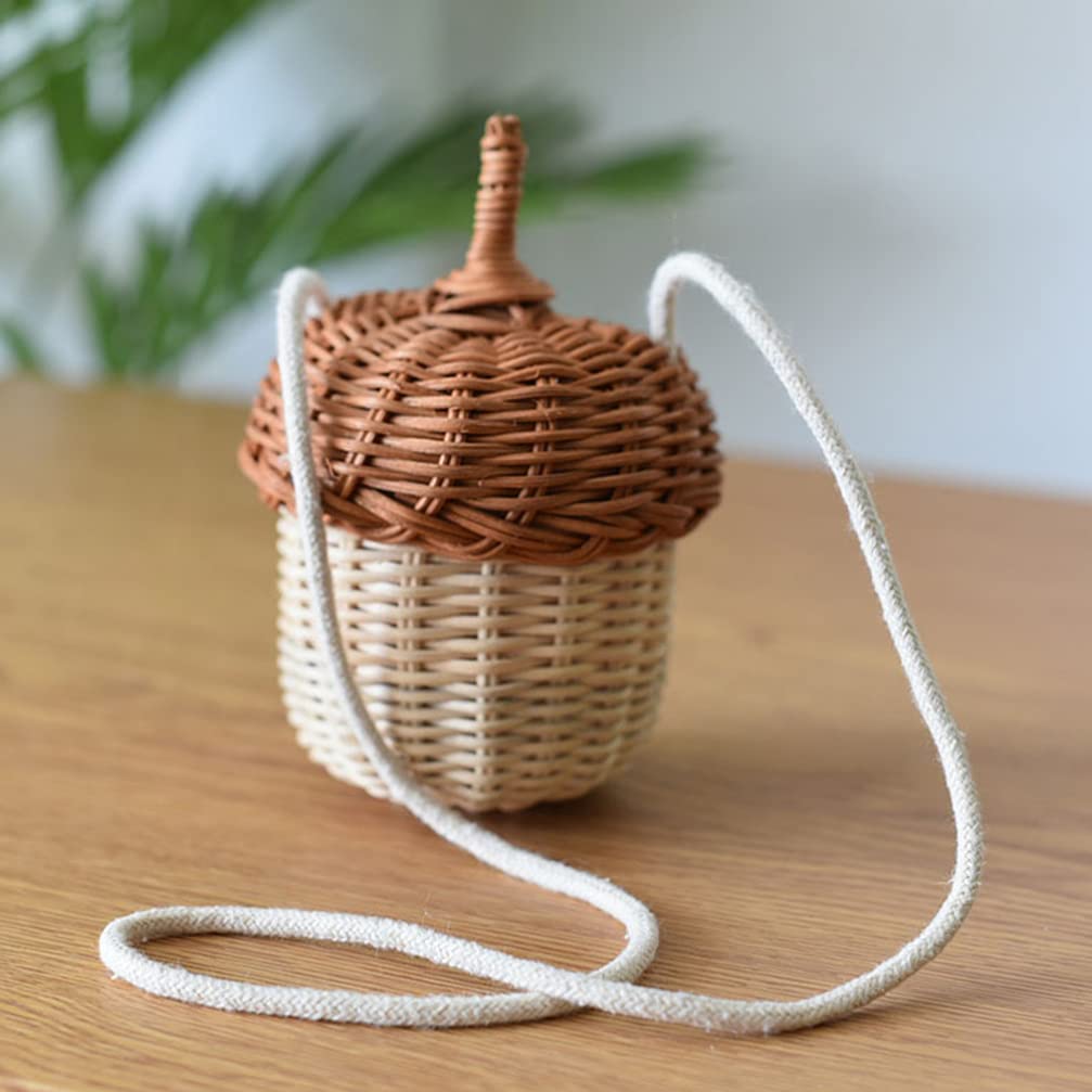 DOITOOL Hand Woven Rattan Basket Cute Acorn Shaped Basket Shoulder Basket Bag Kids Crossbody Bag Wall Hanging Basket Farmhouse Decoration