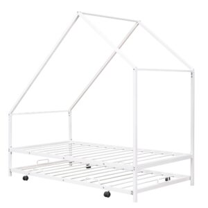 Metal House Bed with Trundle, Montessori Bed Twin Size Platform Bed Frame with Roof, Tent Bed, Modern Style Heavy-Duty Steel Frame Playhouse Bed for Kids Teens Girls Boys (Twin, White)