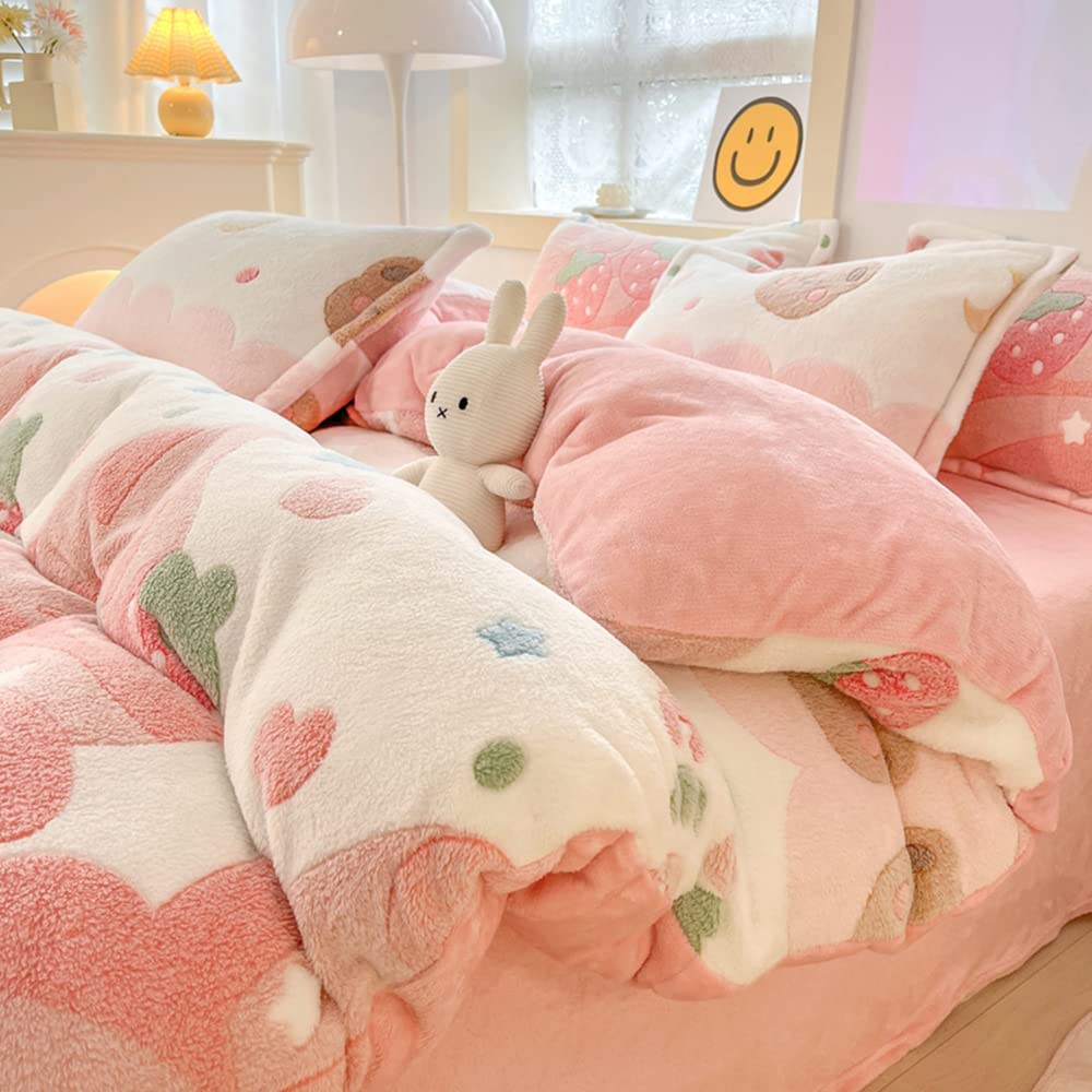 CinYana Pink Strawberry Duvet Cover Set Fluffy Kawaii Cartoon Comforter Cover Soft Kids Twin Size Bedding Set (Strawberry)