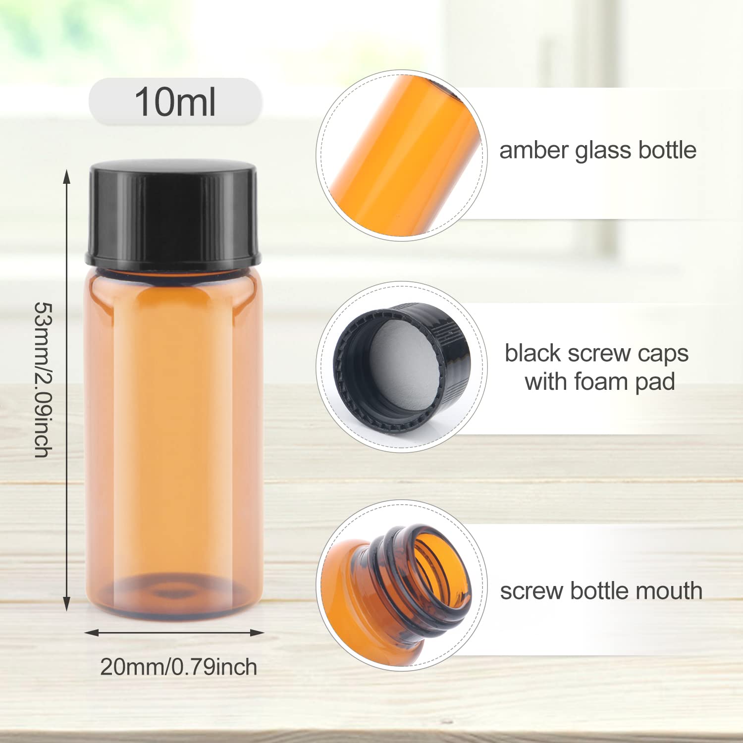 BOSMIOW 30 Pack 10ml(1/3 Oz) Amber Glass Sample Vials Empty Glass Bottles Liquid Sampling Lab Test Vials Travel Containers with Black Screwcap