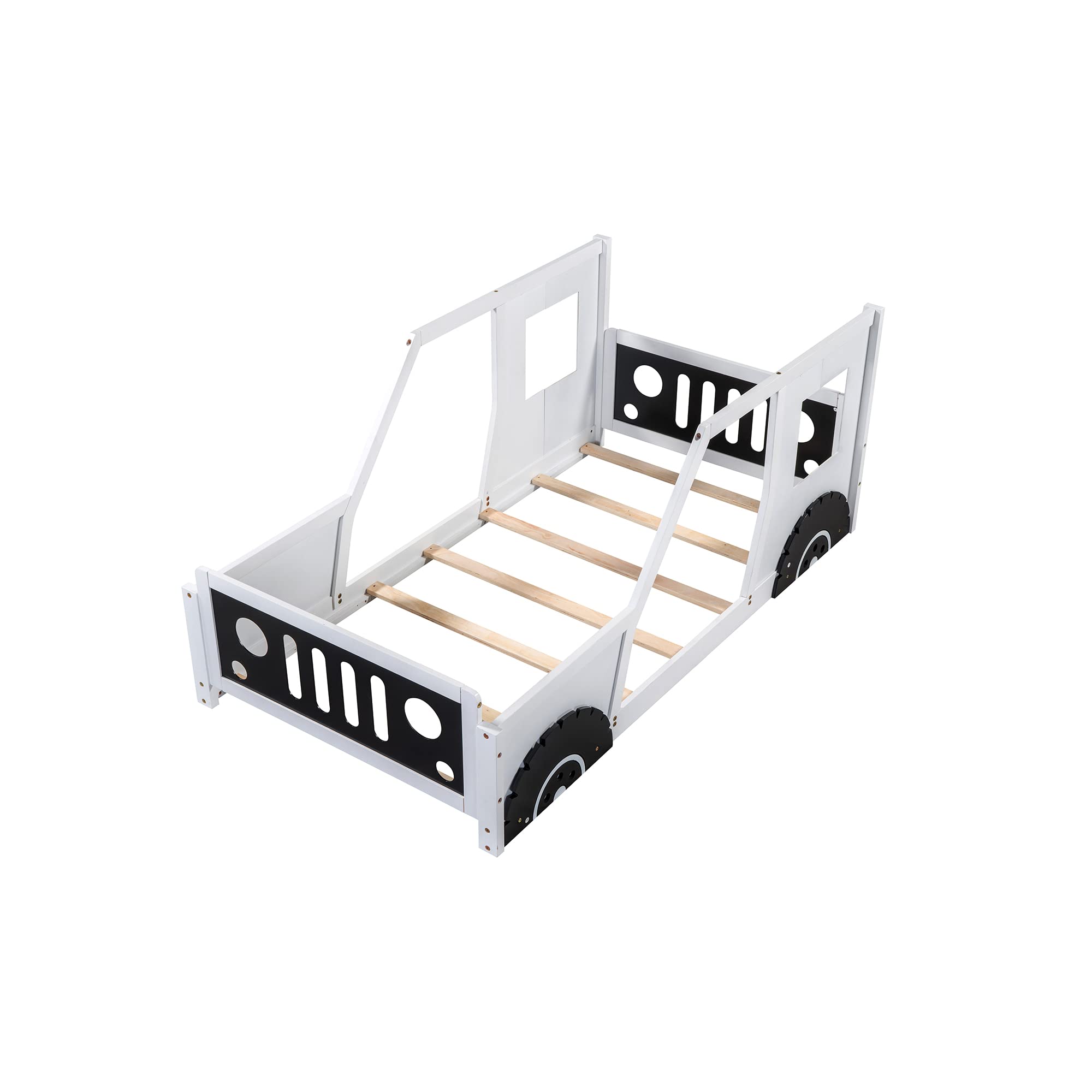 Twin Size Kids Bed, Classic Car-Shaped Platform Bed with Wheels, Wood Twin Montessori Floor Bed for Kids Boy Girls, Lightning McQueen Bed (White+Black)