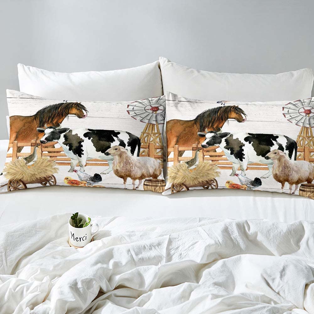 LUVIVIHOME 3PCS Horse Duvet Cover Full Bedding Set, White Duvet Cover, Sheep Chicken Cow Print Bedding, Rustic Farmhouse Bedding, Country Farm Animal Comforter Bedspread Quilt Cover, 2 Pillow Shams