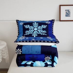 Castle Fairy Snowflake Art Comforter Set Queen Size,Geometric Snowflake Bedding Set for Kids Boys Girls Bedroom Decoration,Navy and Blue Bed Duvet Insert,Winter Theme Comforter with 2 Pillowcase