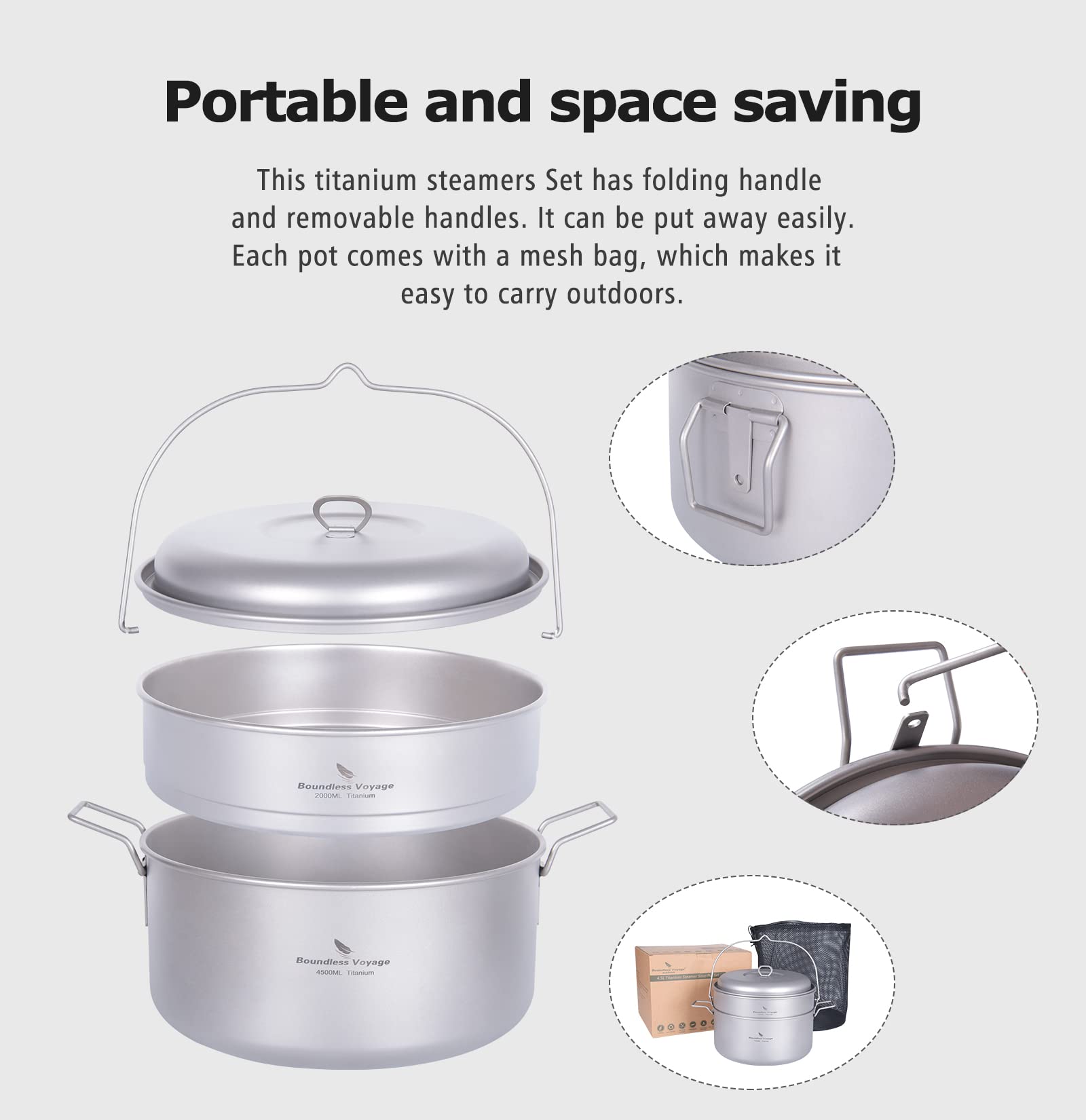 Boundless Voyage Titanium Food Steamer Pan Stock Pot Soup Pot Outdoor Hanging Pot Portable Travel Household Kitchenware Cooking Kit Hot Pot for Camping Picninc (Ti2114C(4.5 POT+2l Steamer))