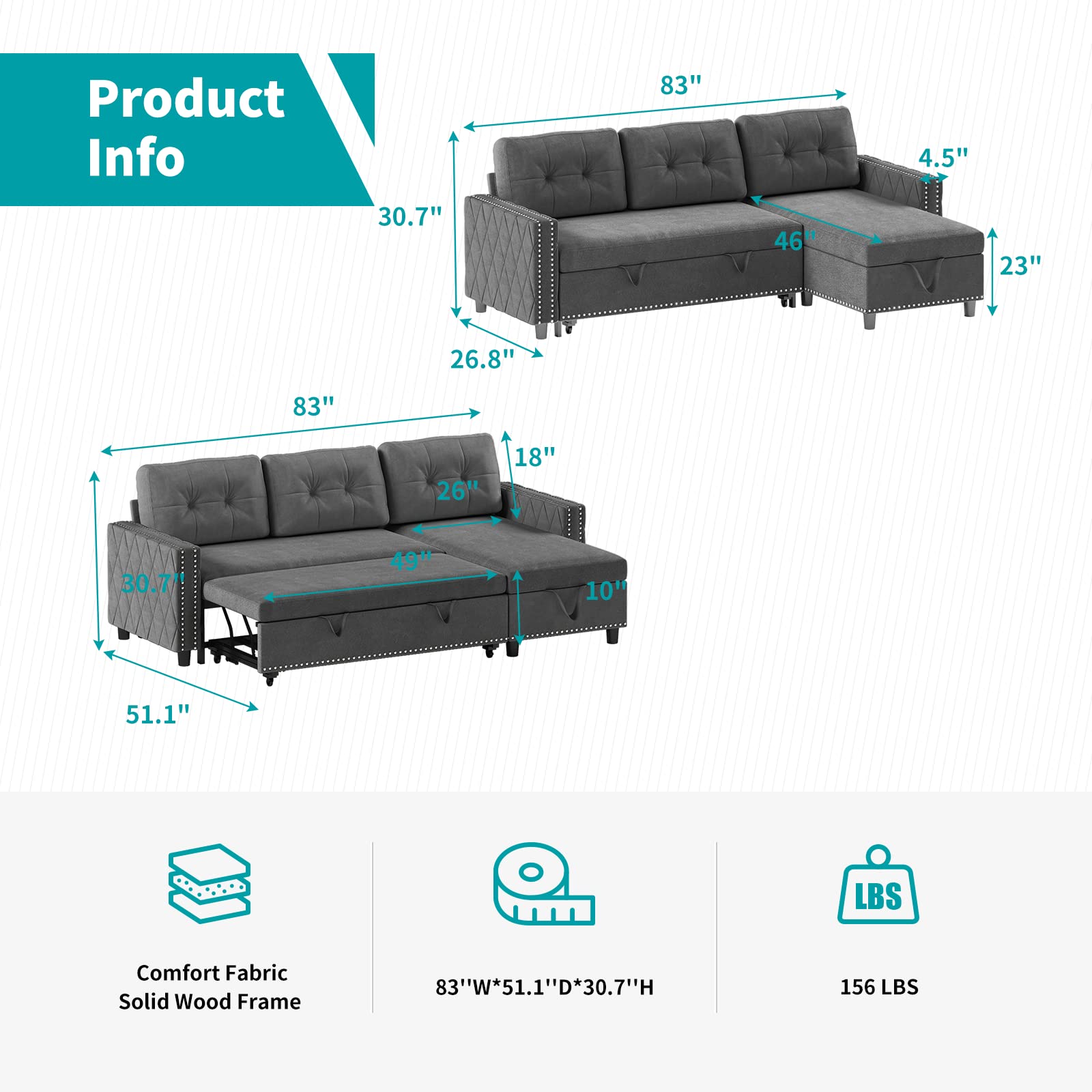 BALUS Sleeper Sofa, Futon Sofa Bed, Pull Out Sleeper Reversible Sectional Couch, Storage Chaise & Couch Bed, L Shape Couch Velvet Sleeper Sofa with Nailheads for Living Room - Dark Grey