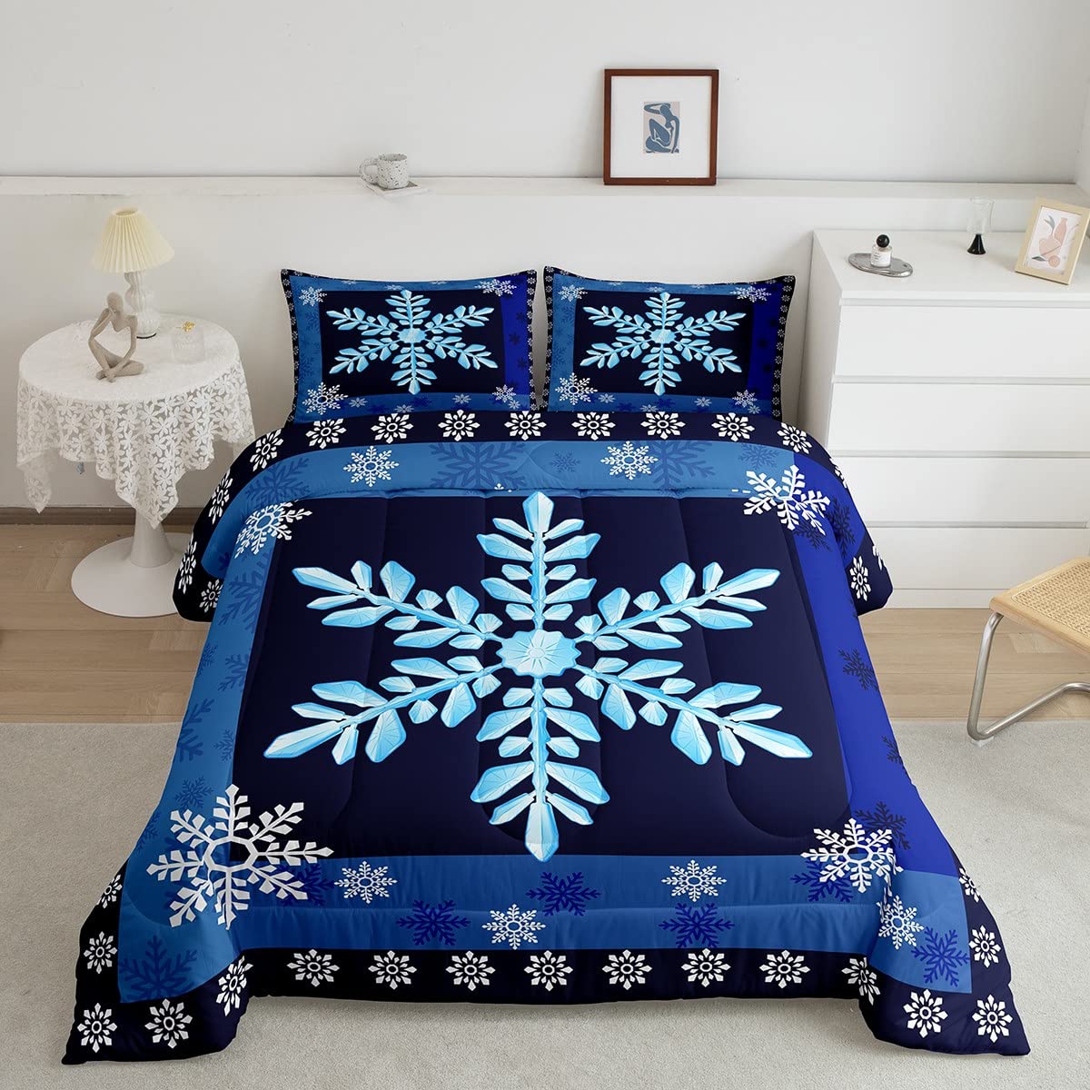 Castle Fairy Snowflake Art Comforter Set Queen Size,Geometric Snowflake Bedding Set for Kids Boys Girls Bedroom Decoration,Navy and Blue Bed Duvet Insert,Winter Theme Comforter with 2 Pillowcase