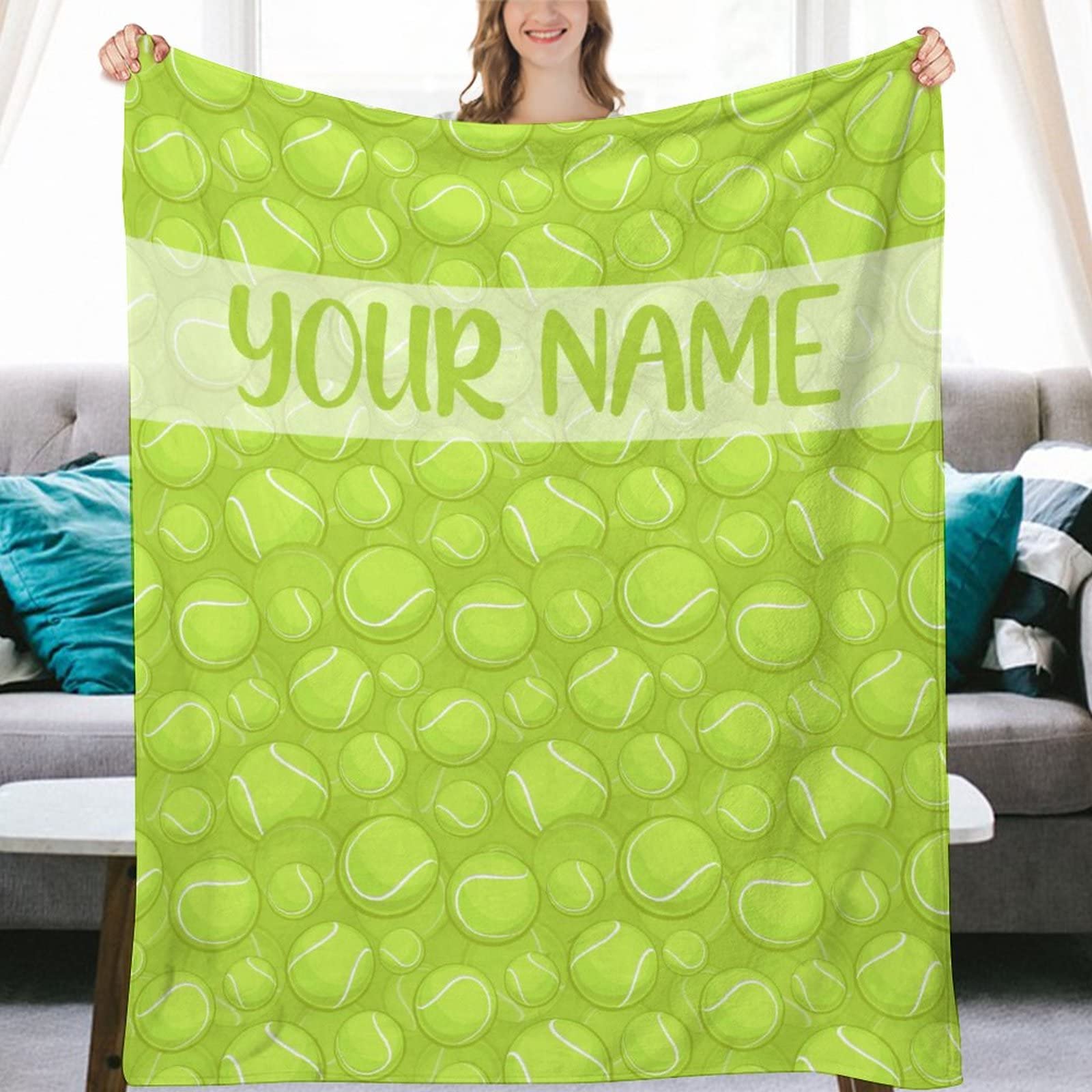 Personalized Tennis Blanket with Text Name Custom Tennis Throw Blanket for Girls Boys Tennis Themed Gifts Tennis Fleece Blanket Lightweight, Soft, Comfortable, Warm