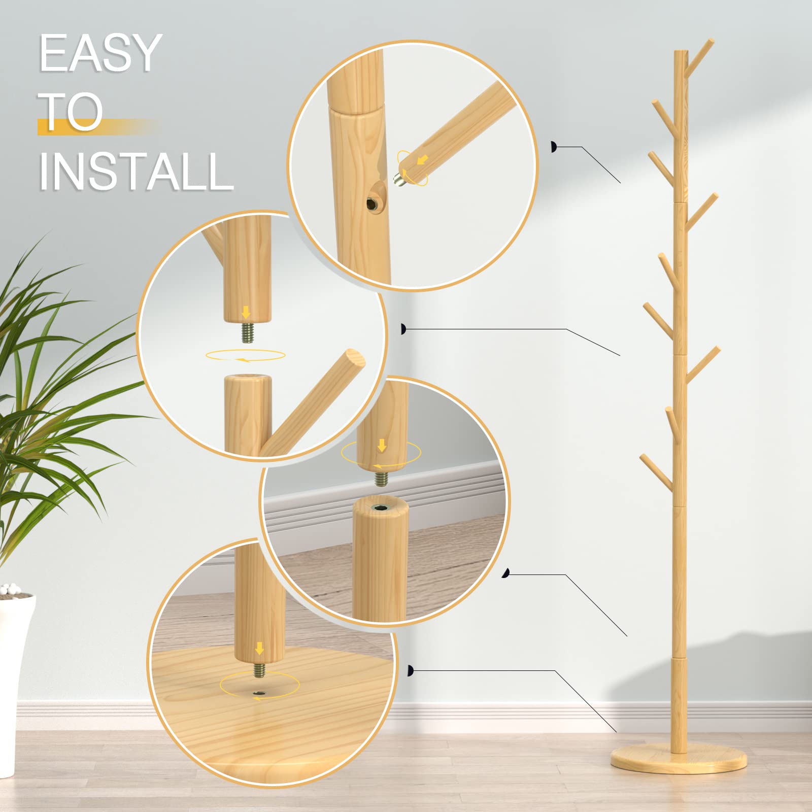 Wooden Coat Rack Freestanding Coat Tree with 4 Height Options and 9 Hooks, Sturdy Coat Rack Stand for Clothes/Bags/Hats, Easy Assemble Save Space for Entryway,Bedroom,Office,Narrow Place-Natural