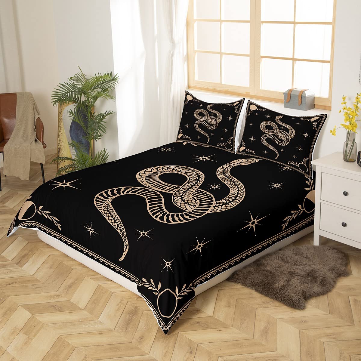 Snake Printed Duvet Cover,Kids Boho Sun and Moon Bedding Set,Starry Sky Galaxy Comforter Cover for Boys Girls Room Decor,Black and Brown Lightweight Bedspread Cover Twin Size with 1 Pillow Case