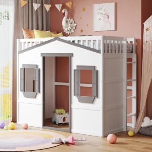 harper & bright designs house loft bed full size kids playhouse bed, solid wood loft bed frame with window and ladder, for girls boys (full size, white+gray)