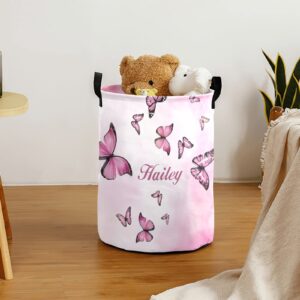 Pink Butterflies Personalized Waterproof Foldable Laundry Basket Bag with Handle, Custom Collapsible Clothes Hamper Storage Bin for Toys Laundry Dorm Travel Bathroom