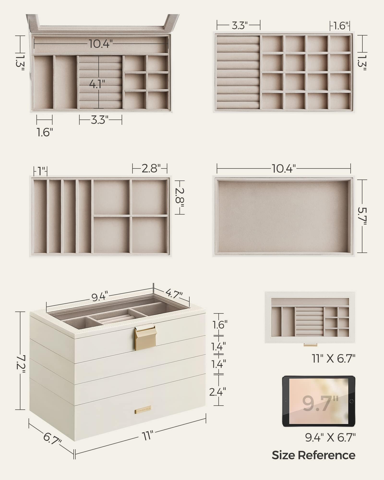SONGMICS Stackable Jewelry Trays, 4-Tier Jewelry Box, Drawer Jewelry Organizer, with Glass Lid, Removable Dividers, for Vanity Table, 6.7 x 11 x 7.2 Inches, Christmas Gift, Cloud White UJBC164W01