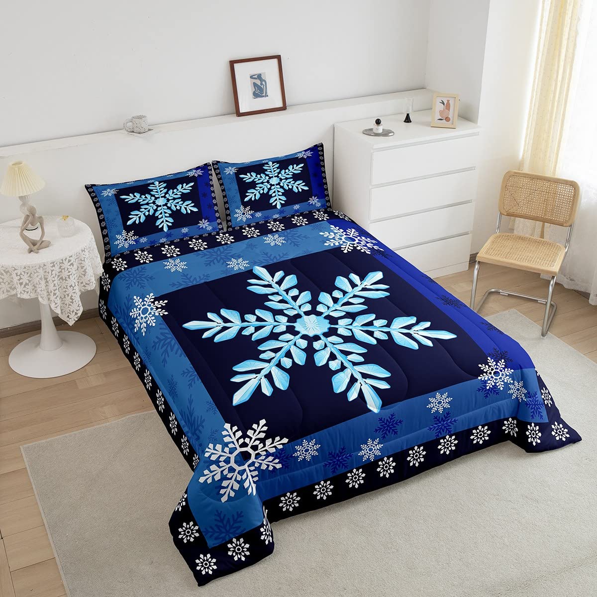 Castle Fairy Snowflake Art Comforter Set Queen Size,Geometric Snowflake Bedding Set for Kids Boys Girls Bedroom Decoration,Navy and Blue Bed Duvet Insert,Winter Theme Comforter with 2 Pillowcase