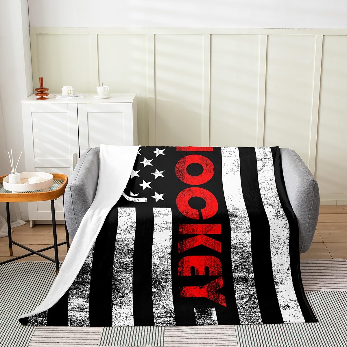 Ice Hockey Throw Blanket Throw 50x60,Puck Hockey Sport Games Blanket for Kids Boys Teens Men,Black White American Flag Fleece Blanket,Retro United States Flag Flannel Blanket Living Room Decor