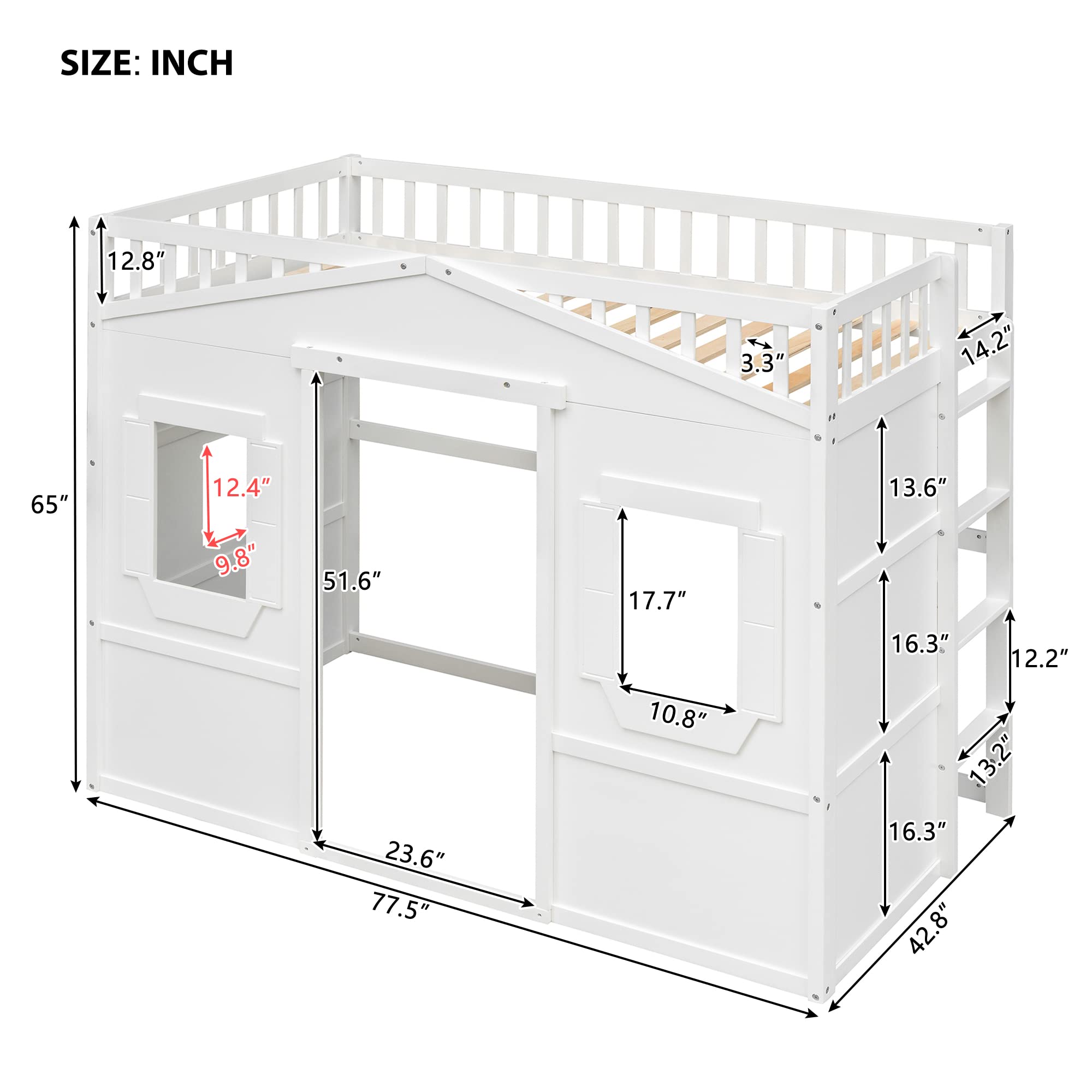 Merax Twin Size Wood Loft Bed, House Bed Frame with Ladder and Safety Guardrails for Kids, No Box Spring Needed, White