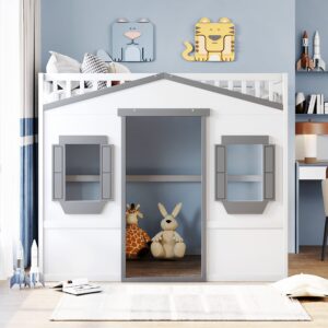 harper & bright designs full size house loft bed for kids, wood full loft bed with door and windows house design, playhouse bed full with underbed space for girls boys bedroom, white +grey