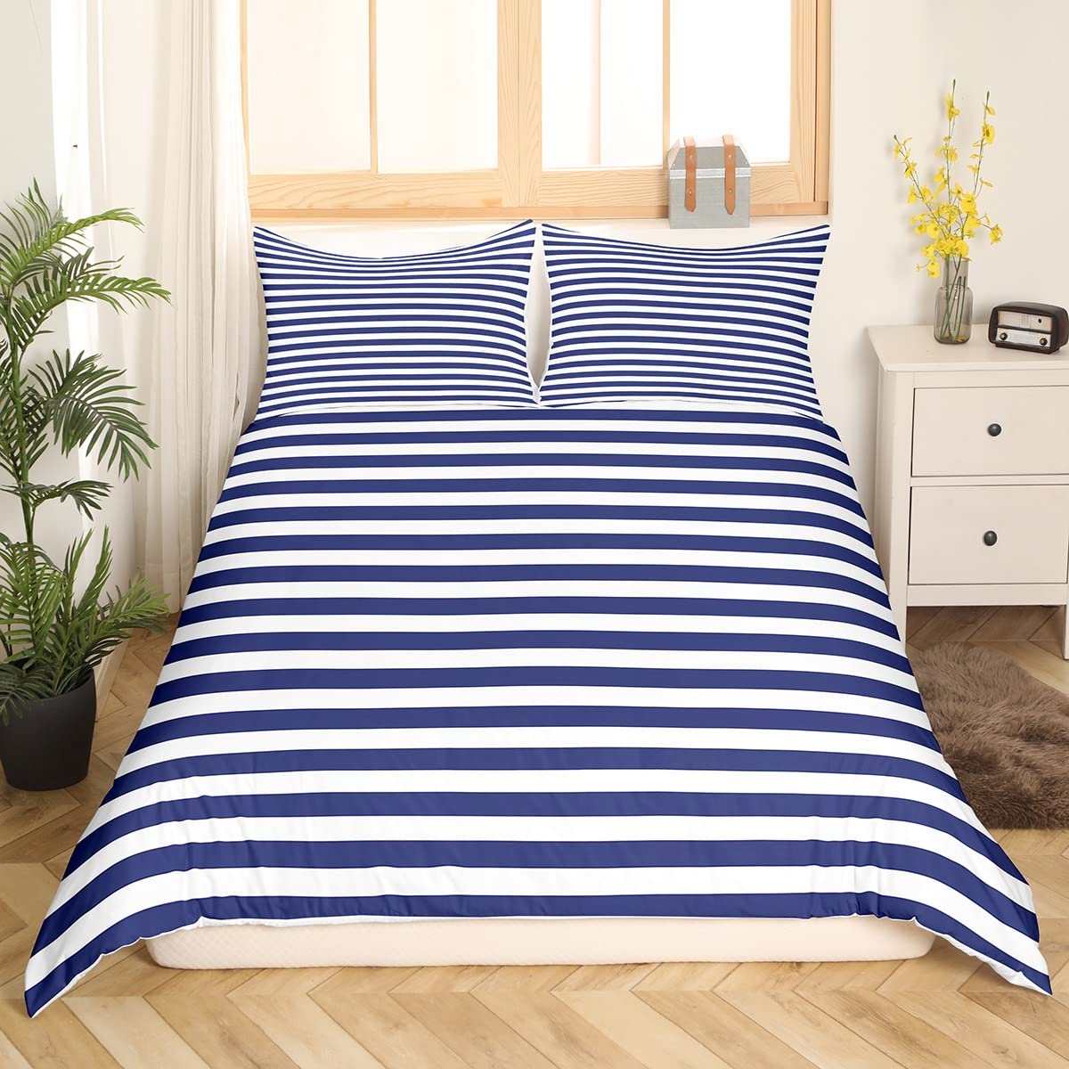 Erosebridal Navy Blue Stripe Duvet Cover King Size White Geometric Ticking Stripes Comforter Cover Farmhouse Horizontal Stripes Gothic Home Decor Quilt Cover Modern Abstract Striped Bedding Set