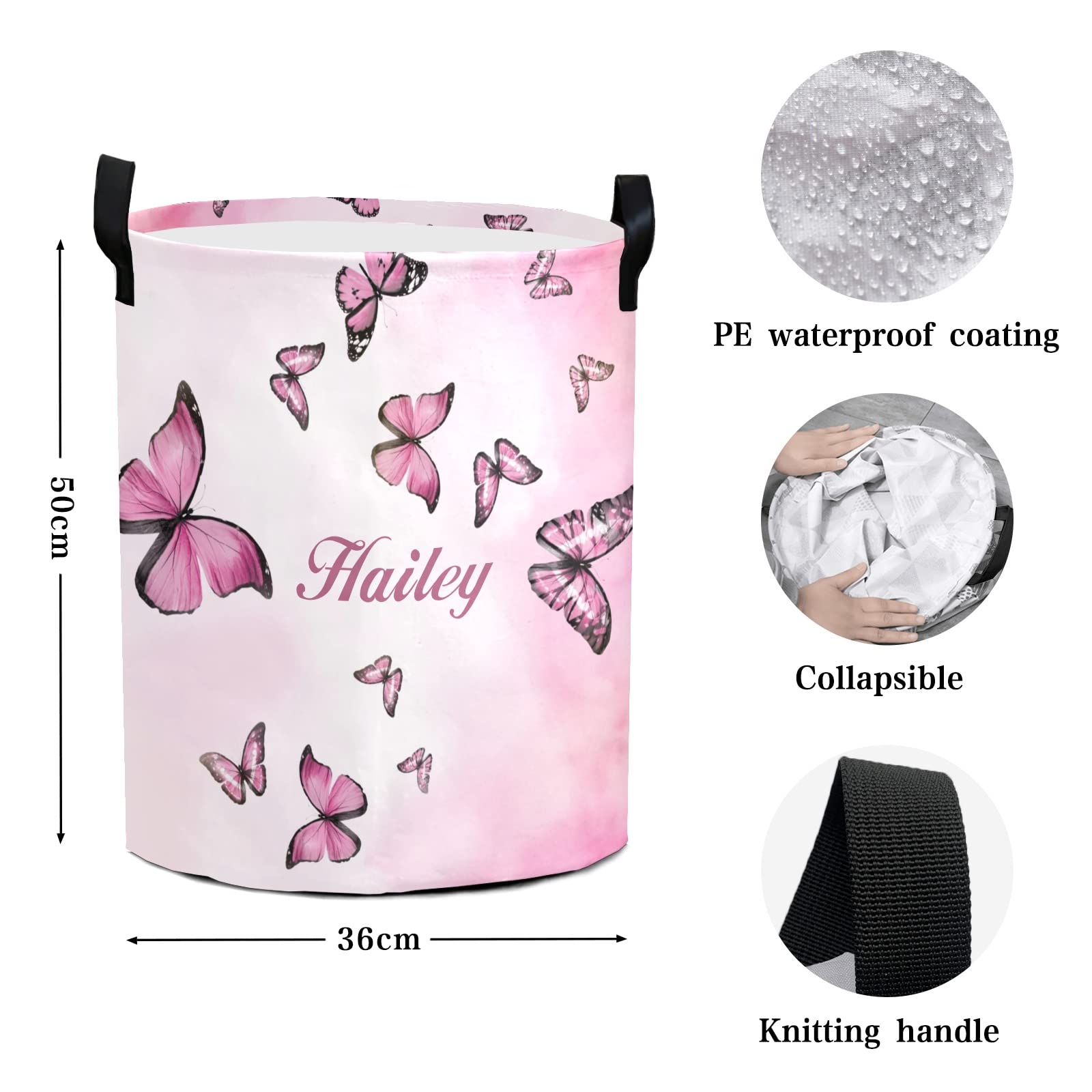 Pink Butterflies Personalized Waterproof Foldable Laundry Basket Bag with Handle, Custom Collapsible Clothes Hamper Storage Bin for Toys Laundry Dorm Travel Bathroom