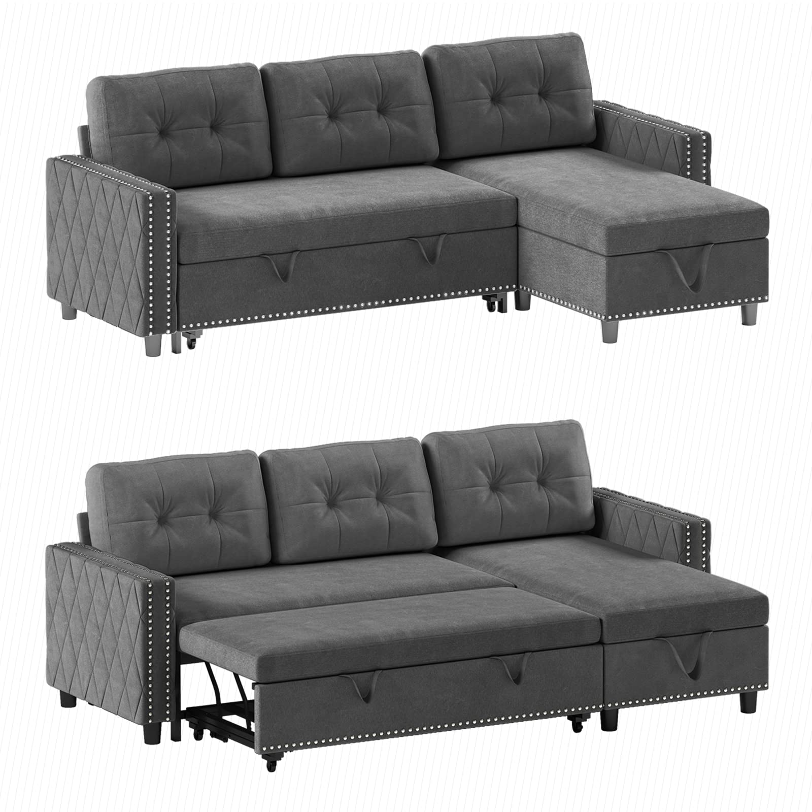 BALUS Sleeper Sofa, Futon Sofa Bed, Pull Out Sleeper Reversible Sectional Couch, Storage Chaise & Couch Bed, L Shape Couch Velvet Sleeper Sofa with Nailheads for Living Room - Dark Grey