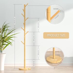 Wooden Coat Rack Freestanding Coat Tree with 4 Height Options and 9 Hooks, Sturdy Coat Rack Stand for Clothes/Bags/Hats, Easy Assemble Save Space for Entryway,Bedroom,Office,Narrow Place-Natural