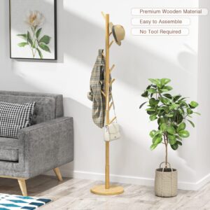 Wooden Coat Rack Freestanding Coat Tree with 4 Height Options and 9 Hooks, Sturdy Coat Rack Stand for Clothes/Bags/Hats, Easy Assemble Save Space for Entryway,Bedroom,Office,Narrow Place-Natural