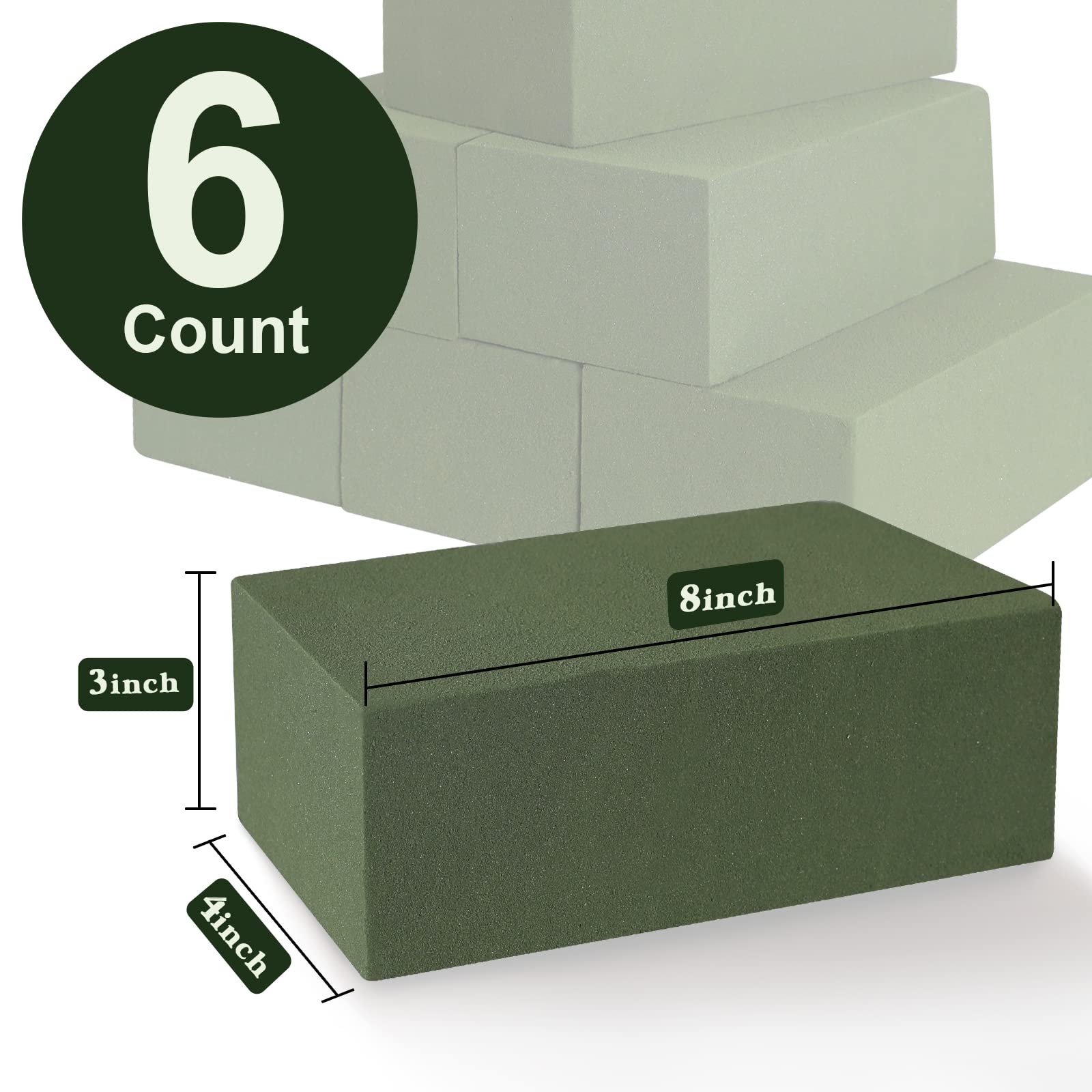 Floral Foam Blocks for Fresh and Artificial Flowers, 6 Pcs Each 8" L x 4" W x 3" H Wet and Dry Green Florist Foam for Weddings, Birthday Parties and Holiday Decorations