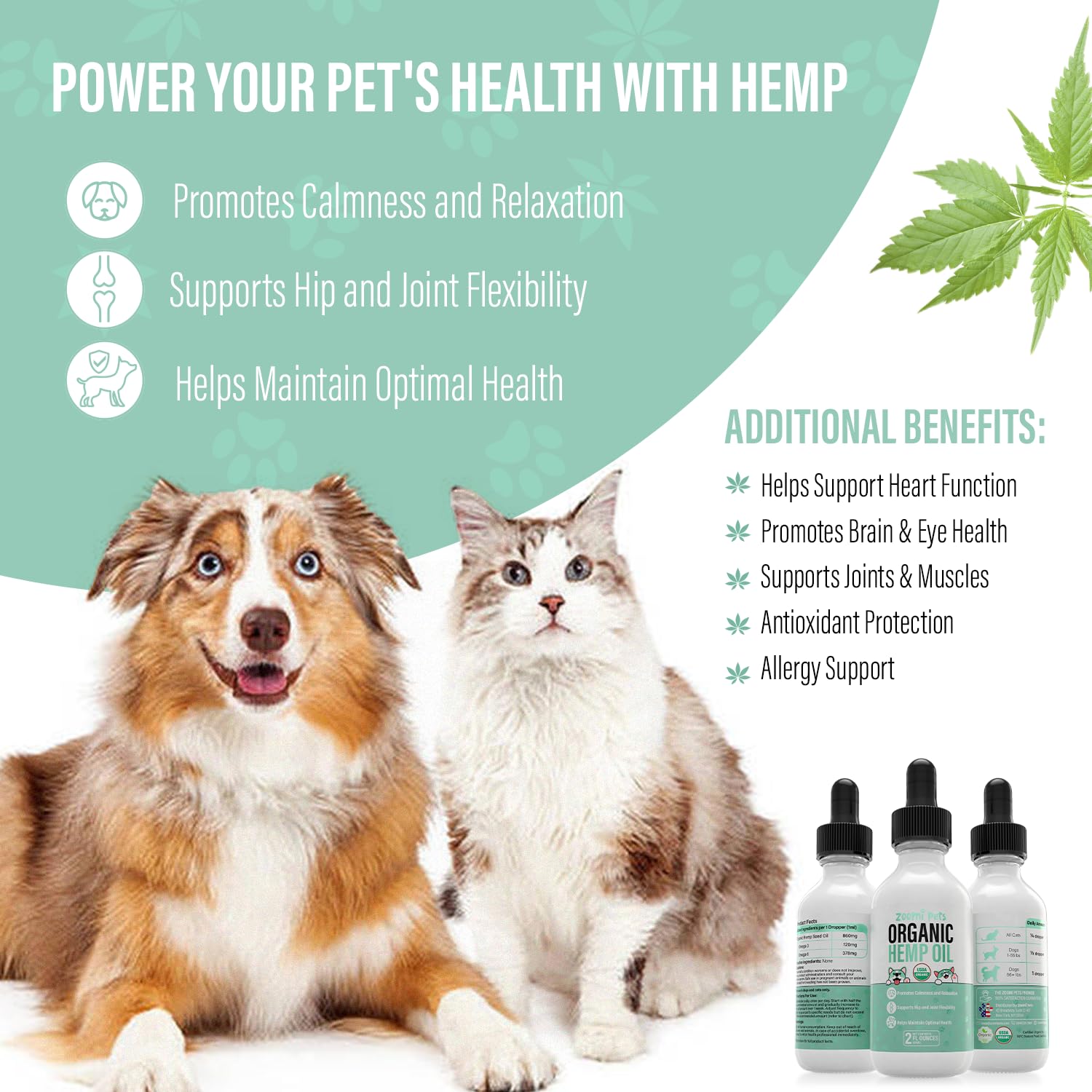 Zoomi Pets Calming Organic Hemp Oil for Dogs and Cats - Hemp Oil Drops with Omega Fatty Acids - Hip and Joint Support, Skin and Coat Health and Allergy Relief - Helps with Anxiety, Stress and Pain